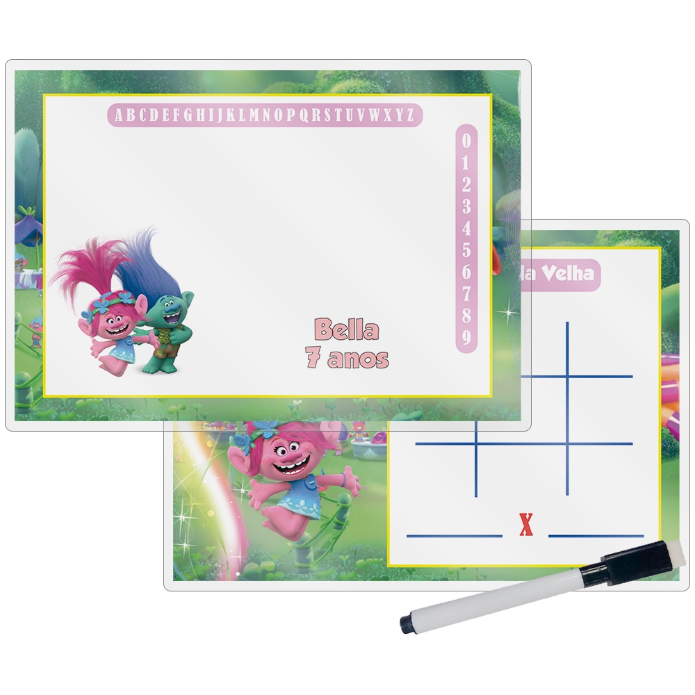 Lousa Mágica + Caneta Com Apagador Personalizada Lembrancinha Festa Infantil Trolls Ou Outros
