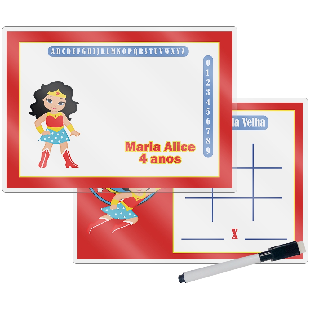 KIT 10 Lousa Mágica Personalizada Lembrancinha Festa Infantil Mulher Maravilha + Caneta + Apagador
