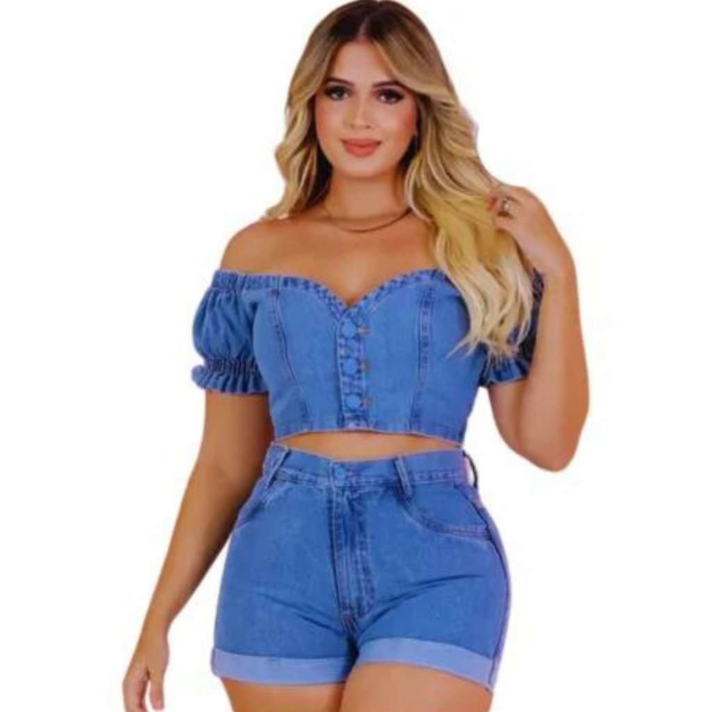 Kit 2 Conjunto Jens Feminino Short e Cropped Tendencia Modelo Blogueirinha Ultima Tendencia da Moda