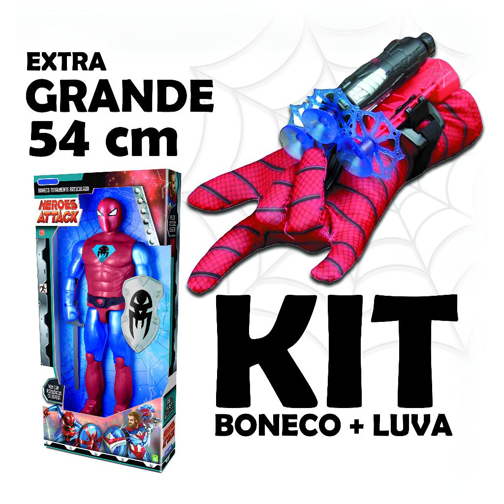 Kit Luva Lança Teia + Boneco Extra Grande 54cm Original Super-Heróis Lançador Dardos Spider Marvel