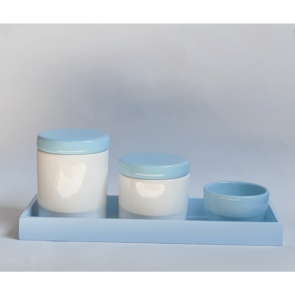 Kit Higiene Bebe Porcelana Azul Bebe e Branco Band Retang Azul 04 Pçs