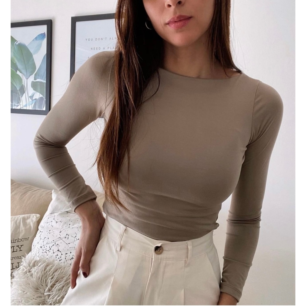 Body Collant Manga Longa Gola Baixa Estilo Canoa Moda