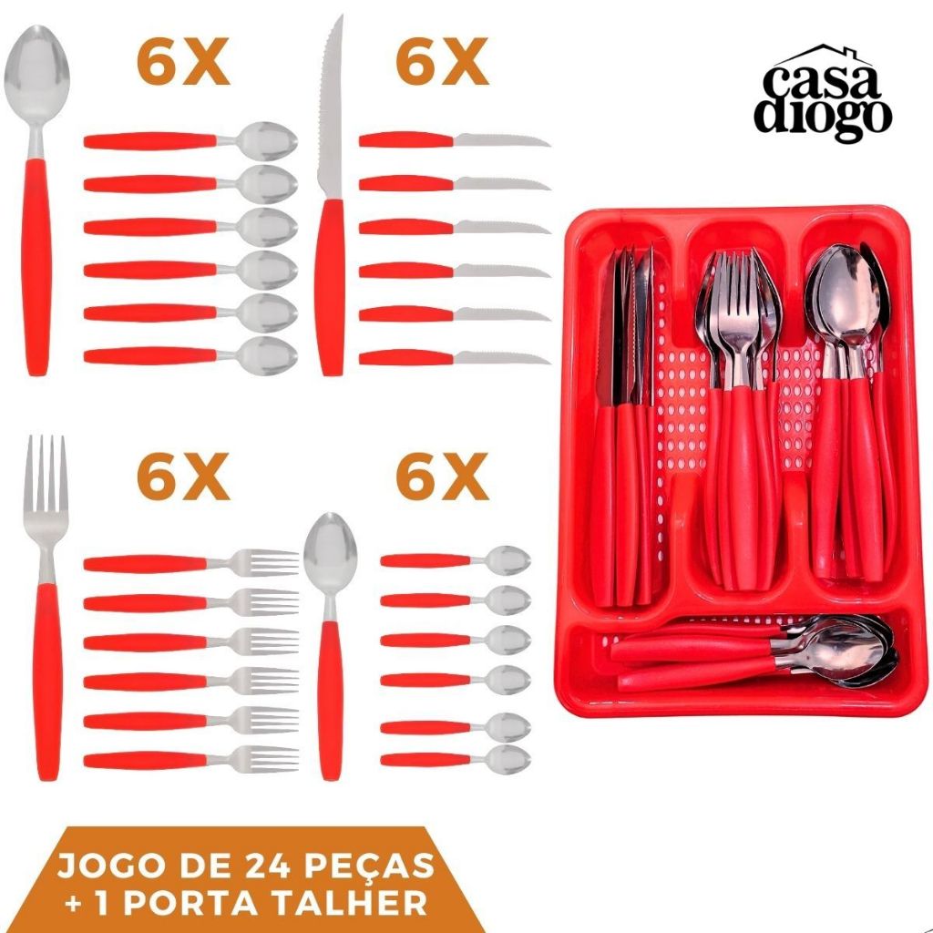 Faqueiro 25 Peças Aço Inox Porta Talheres Organizador Gaveteiro Cozinha Gourmet - Vermelho / Preto