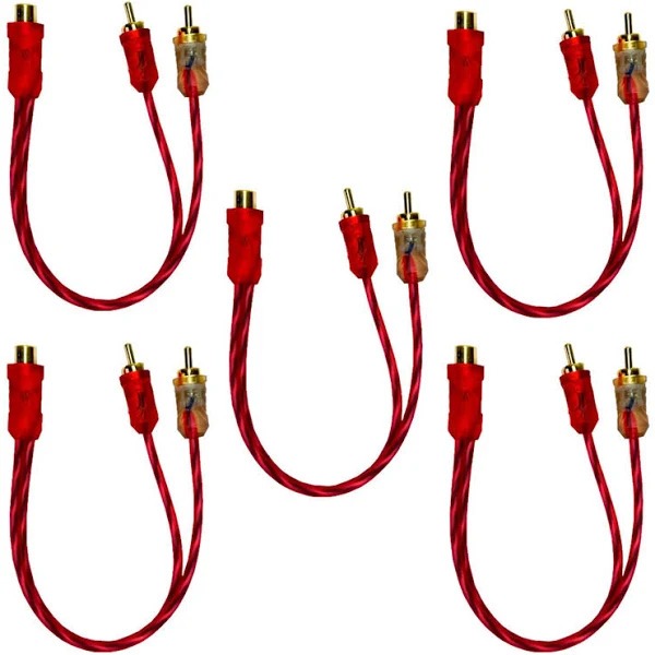 Kit 5 Cabos RCA Y 1 Fêmea + 2 Machos Injetado Flexível para Som Automotivo
