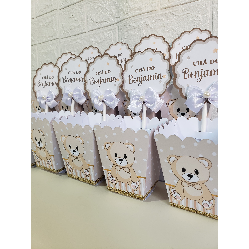 5 Unid Centro de mesa personalizado chá de bebê - chá fraldas - chá revelação - aniversário festa infantil - Ursinho bege - cores neutras - pegue e monte ou montado