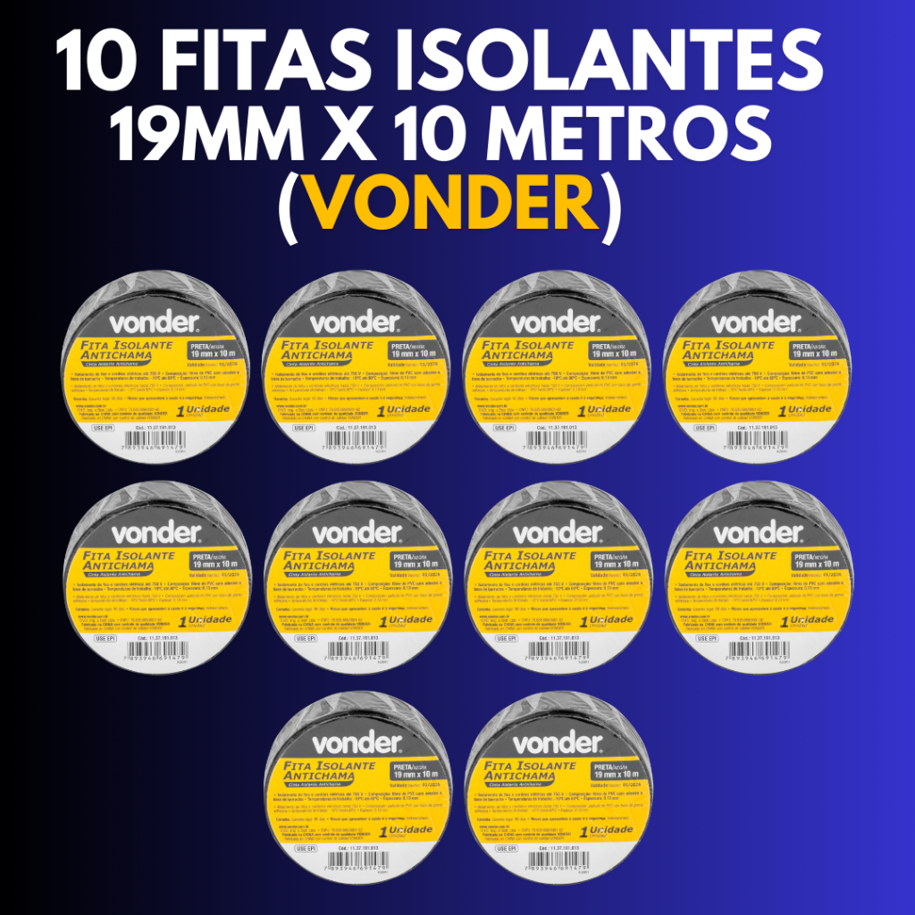 10 Fitas Isolante 19Mmx 10 Metros Preta Vonder Anti Chama em Oferta na Shopee