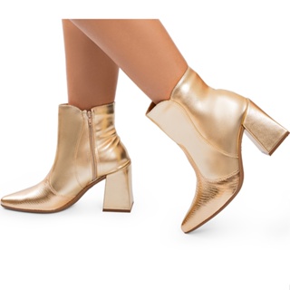 Bota Feminina Lumiss Salto Bloco Cano Curto Bico Fino Confortável Metalizada Croco Brilho Blogueira Ouro em Oferta na Shopee