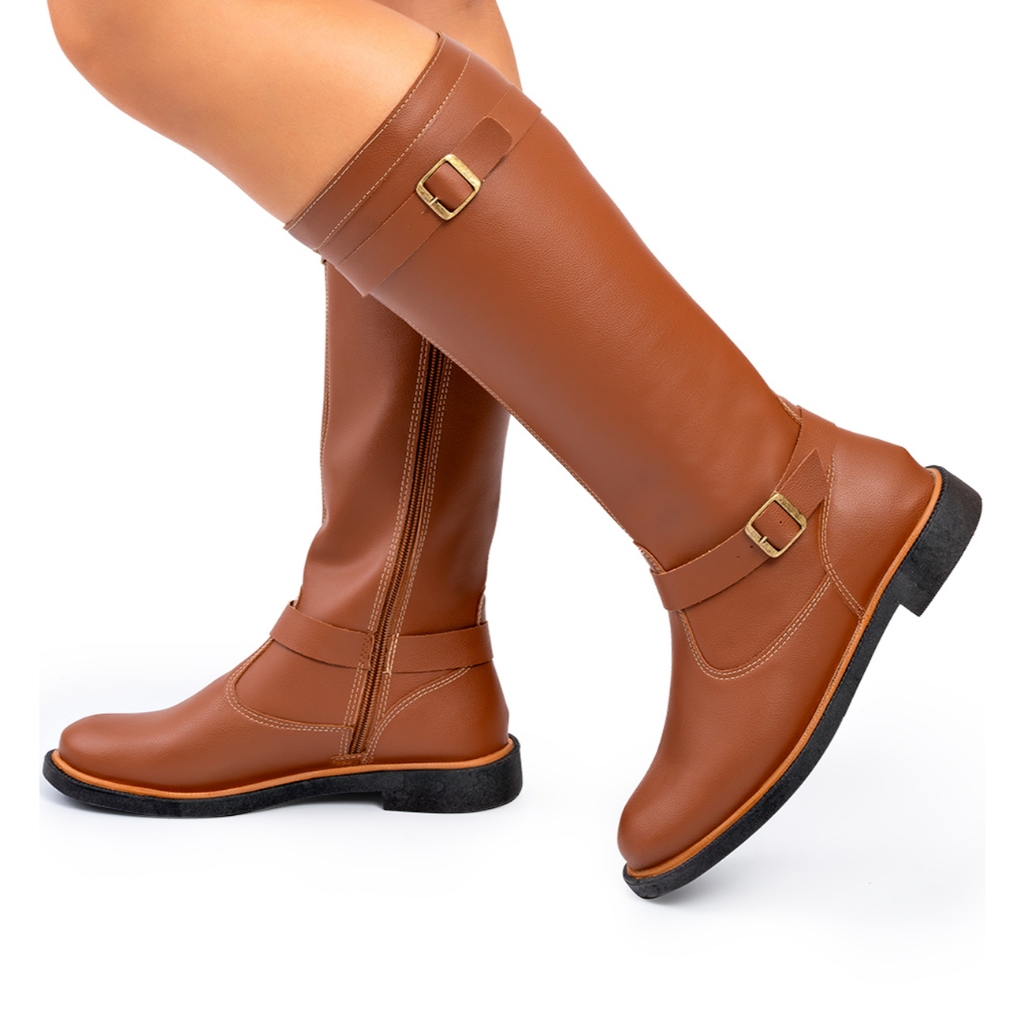 Bota Feminina Lumiss Montaria Cano Longo Salto Baixo Marrom Caramelo em Oferta na Shopee