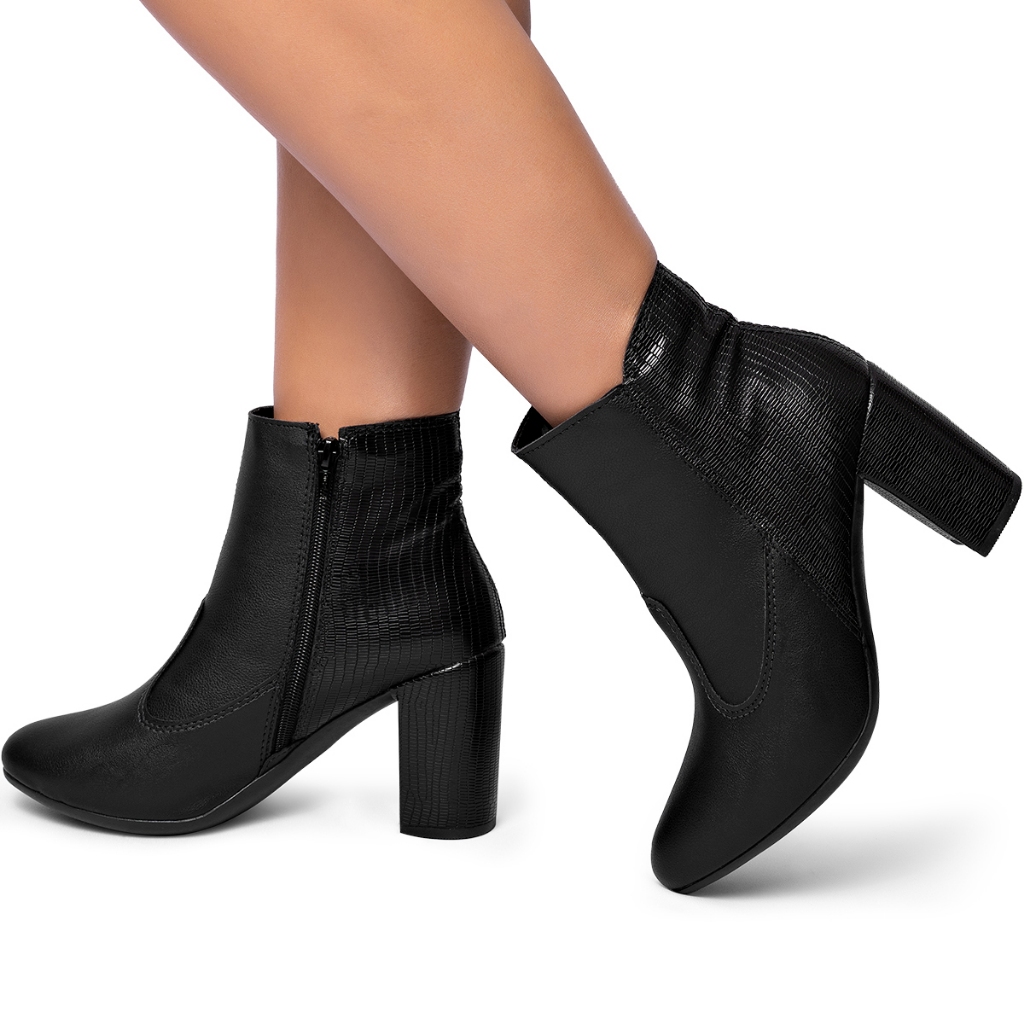 Bota Feminina Lumiss Cano Curto Salto Alto Bloco Croco Preto em Oferta na Shopee