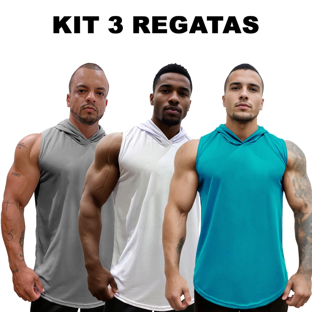 Kit 3 Regatas Branco + Metal + Cores Dry Masculina Long com Capuz Básica Lisa Sem Estampa