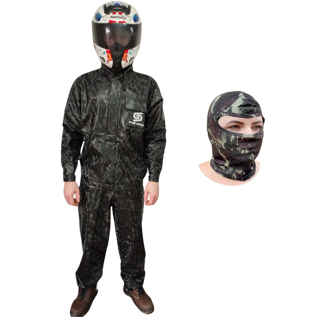 Conjunto Capa De Chuva Camuflada Impermeável Urbano Pvc - Moto / Motoboy / Motoqueiro + Touca Ninja