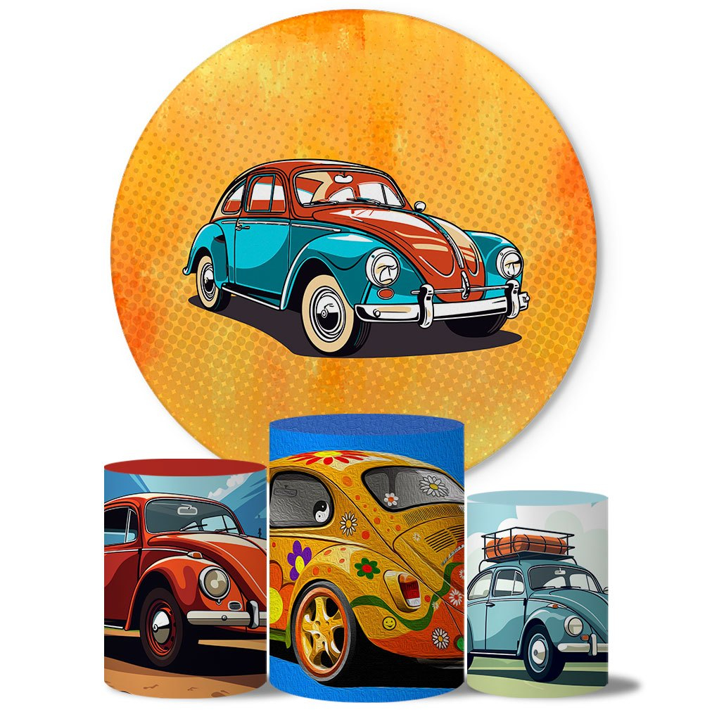 Kit Capa De Painel Redondo + Trio Capa De Cilindro Decoração De Festa Tema Carro Fusca