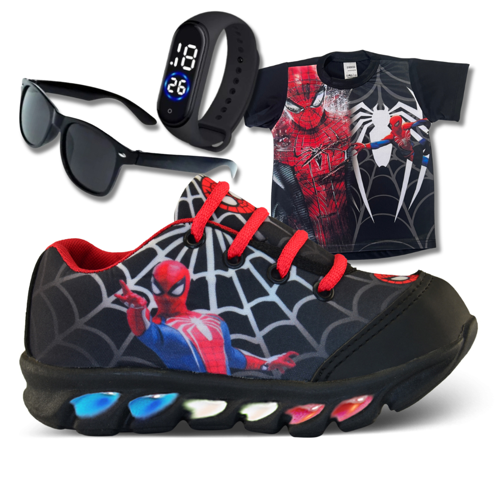Kit Tênis Com Led Homem Aranha + Camisa, Relógio e Óculos em Oferta na Shopee