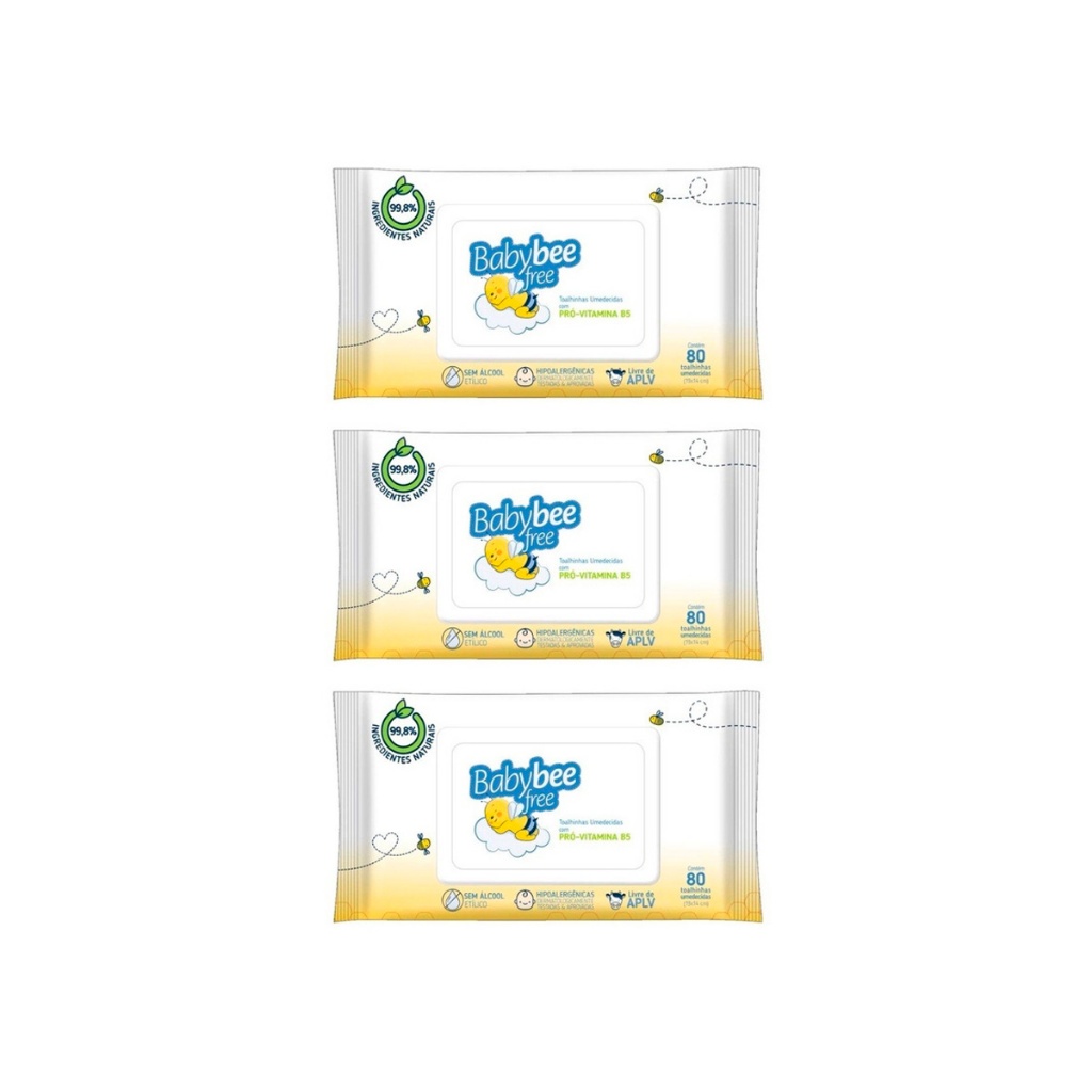 Baby Bee Free Kit com 3 Pacotes Lenço / Toalha Umedecida - 80un cada