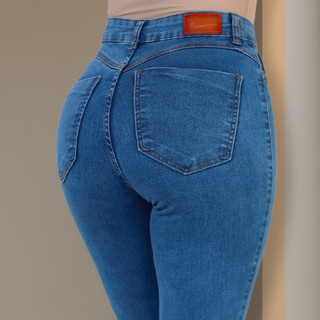 Calça Jeans Feminina Lisa Com Lycra e Cintura Alta Básica Premium Modeladora