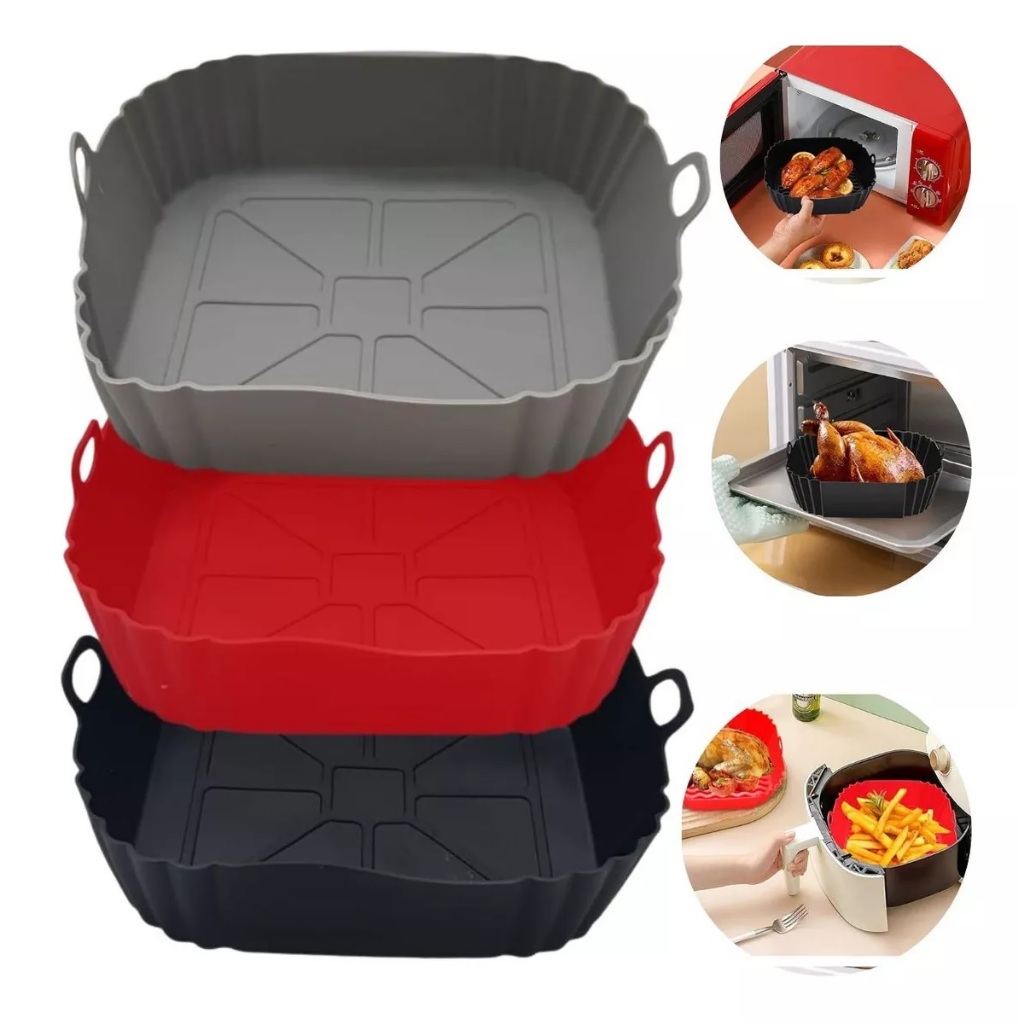 Kit 2 Forma Silicone Grande Air Fryer 21cm Forro Quadrado Antiaderente Bandeja Cesto Protetor Air Fry Air Frayer