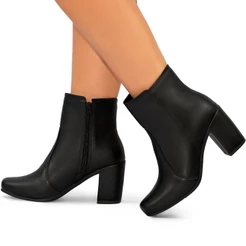 Bota Feminina Lumiss Cano Curto Bico Quadrado Salto Alto Grosso Confortável Preto