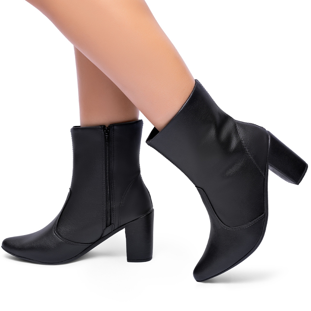 Bota Feminina Lumiss Cano Curto Bico Fino Salto Bloco Grosso Zíper Confortável Preto em Oferta na Shopee