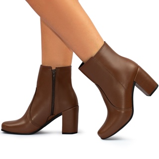 Bota Feminina Lumiss Cano Curto Bico Quadrado Salto Alto Grosso Confortável Caramelo em Oferta na Shopee