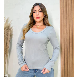 Blusa Básicas Feminina Canelado Poliamida Gola V Liso Inverno 3RD SD1131