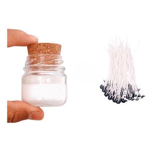 300 Mini pote de vidro 40 ml p/ velas c/ tampa rolha + 300 pavios encerados 10 cm c/ ilhós