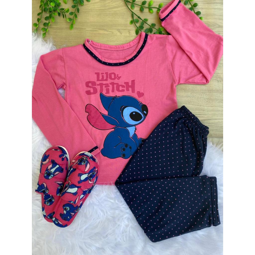 Kit Pijama longo Infantil  + Pantufa Infantil Blogueirinha Estampa Personagens de frio inv...