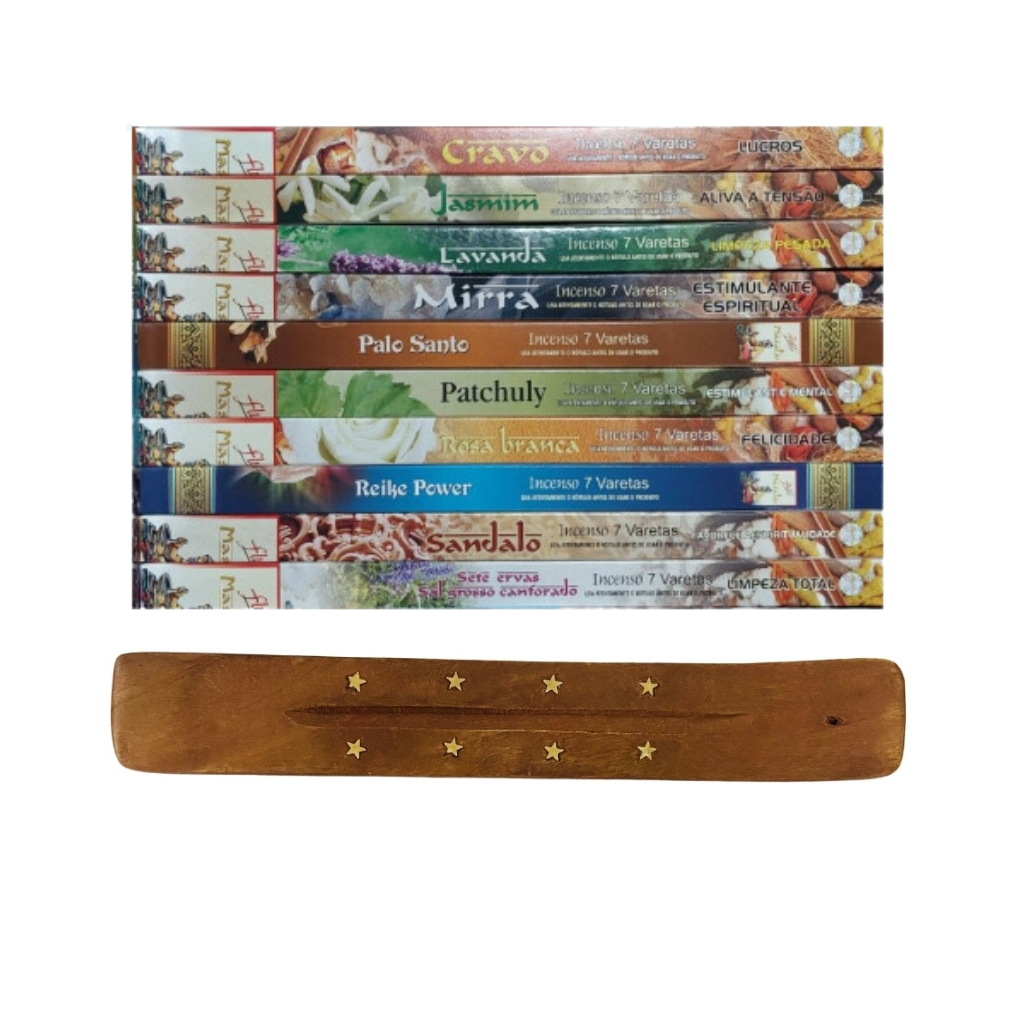 Incenso Flute Massala Kit 10 Caixinhas De 7 Varetas Cada Importado da India + Incensário Régua Madeira Indiana