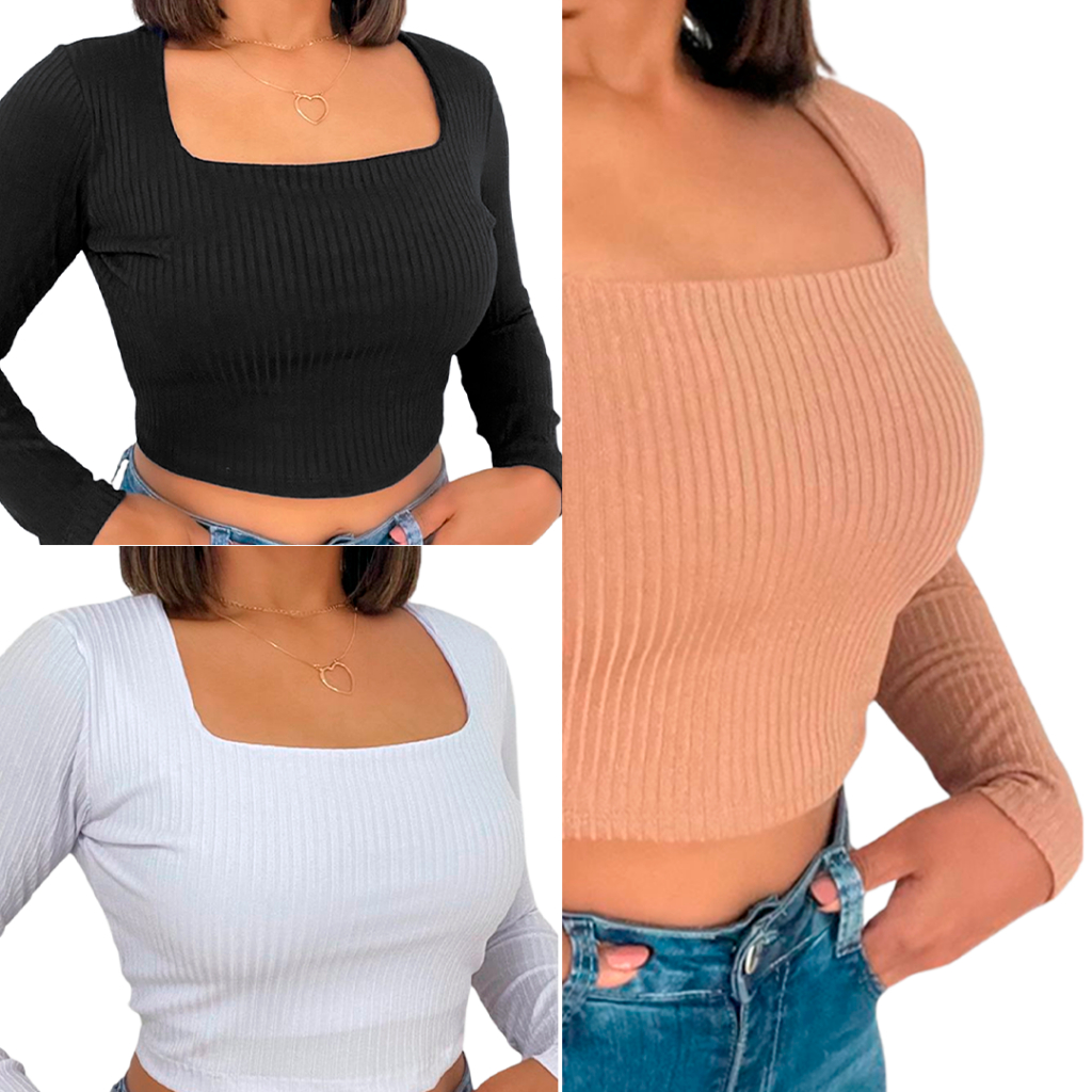 Kit 3 Blusas Feminina Cropped Canelado Manga Longa Decote Quadrado Blogueira