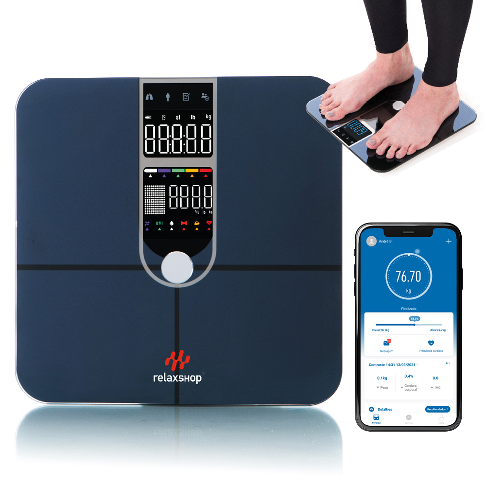 BALANÇA DIGITAL BIOIMPEDÂNCIA CORPORAL BIO PLUS PRETA em Oferta na Shopee