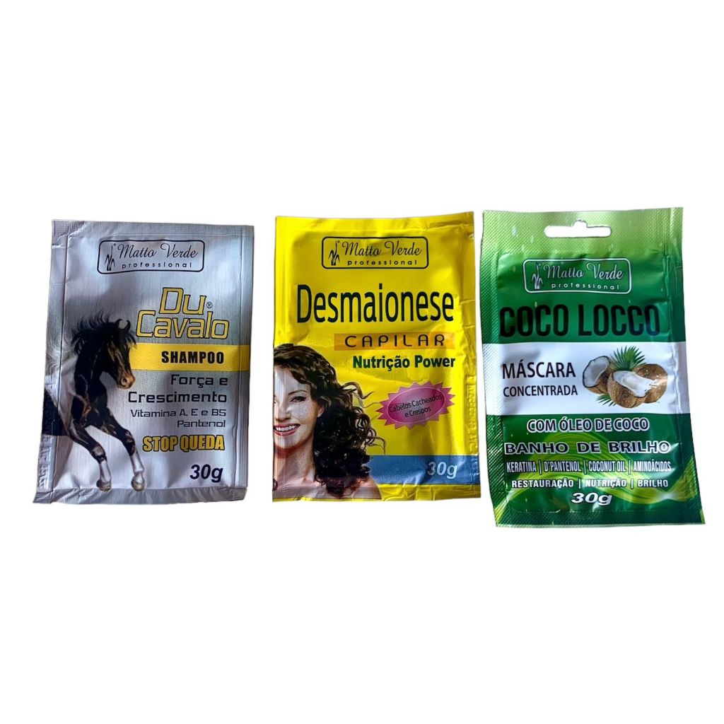 Kit 3 Máscaras Capilares em Sachê (Desmaionese, Coco Loco e Shampoo Du Cavalo, ) Matto Verde 30g em Oferta na Shopee