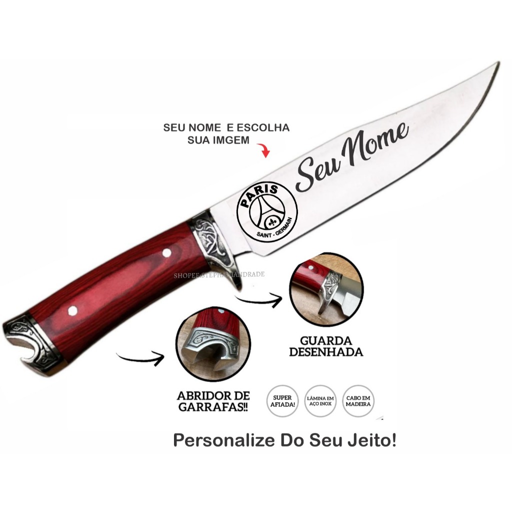 Faca Churrasco Personalizada Nome Afiada C/ Abridor E Bainha