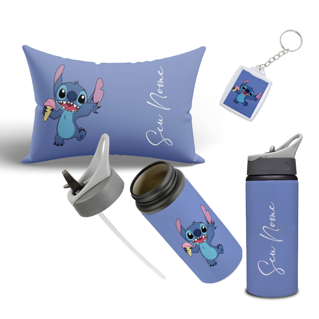 Kit Com Seu Nome Stich, Garrafa com Canudo Almofada e Chaveiro Personalizados