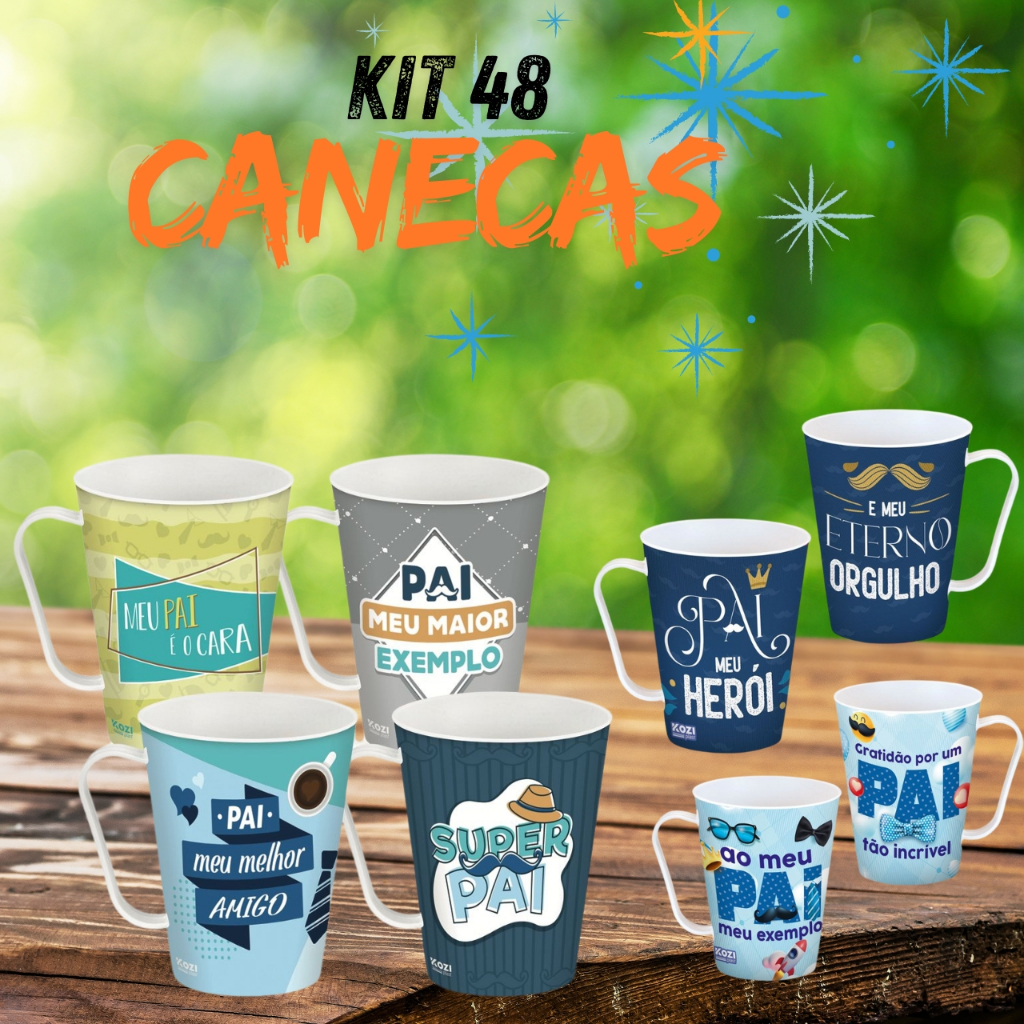 kit Com 48 Canecas Dia Dos Pais de Plástico 430 ml BPA FREE Micro-onda, Freezer e Lava-louças Presente Decoradas Com Frases Desenhos Atacado Revenda Resistente