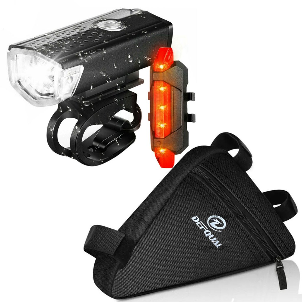 Farol Bike Luz Led Usb Ciclismo 300 Lumens + Sinalizador Traseira Recarregável + Bolsa Bag Triangular Para Bike Bicicleta Para Quadro Triangular Mtb