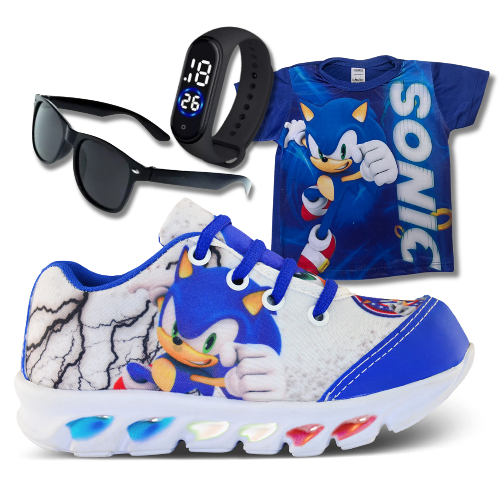 Kit Tênis Com Led Sonic Branco Luzinhas Coloridas + Camisa, Relógio e Óculos em Oferta na Shopee