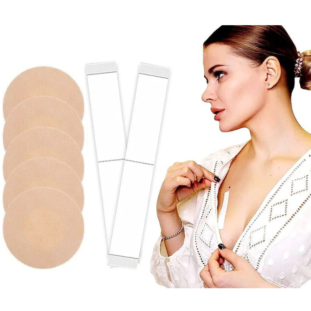 50 Fita Adesiva Dupla Face Roupas + 20 Tapa Mamilo Invisível Adesivo Seio