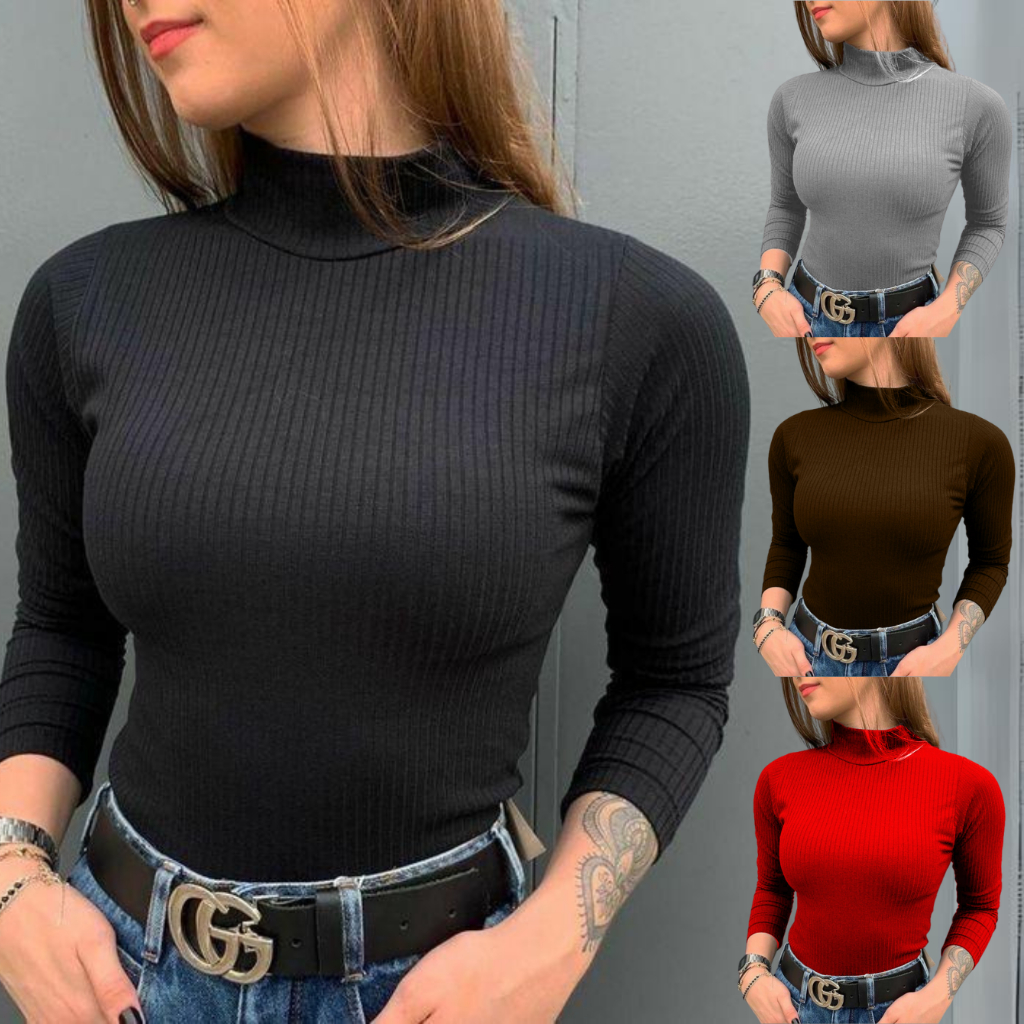 Blusa Manga Longa Blusa Gola Alta Cacharrel Feminino Blusa de Frio Feminina Segunda Pele Canelada em Oferta na Shopee