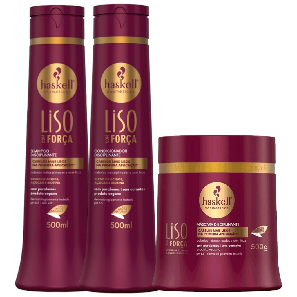 Kit Haskell Liso com Força Shampoo 500ML 1 Condicionador 500ML  1 Mascara 500ML