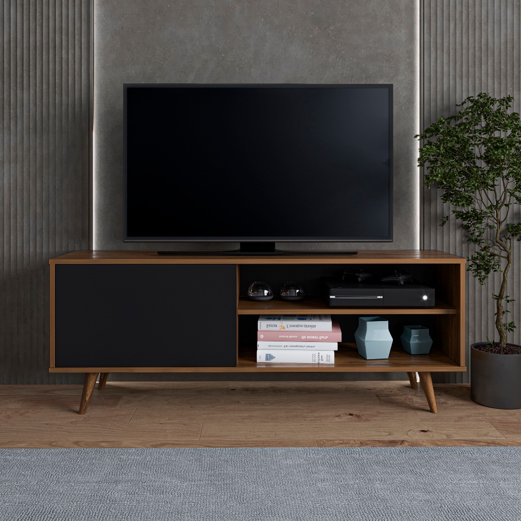 Rack home para tv até 43 polegadas sala com porta e 2 prateleiras pés de madeira mel com preto