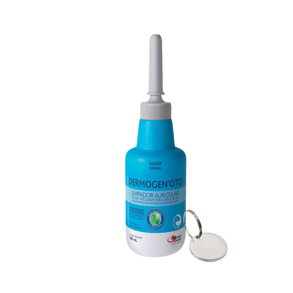 Kit Limpador Auricular Dermogen Oto Cães e Gatos Agener 100ml + Medalha de Identificação - Pets