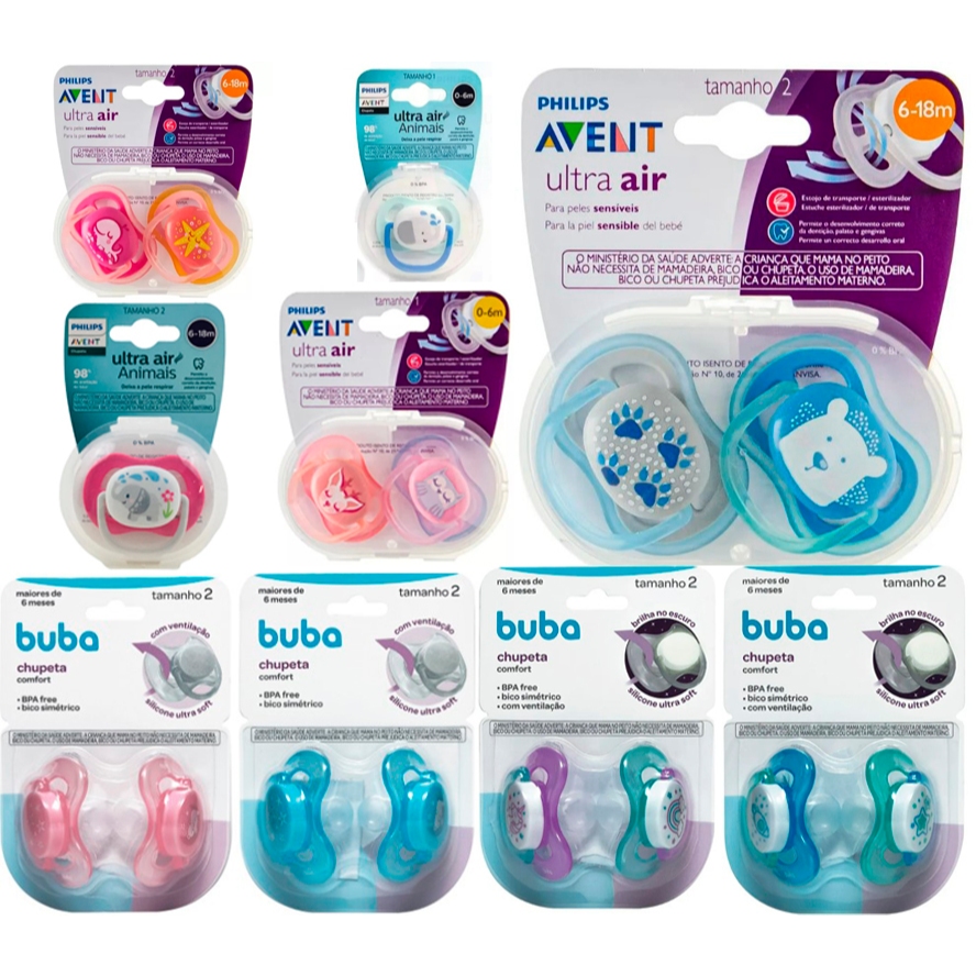 Kit duas  chupeta Bico Silicone Brilha No Escuro Buba Menino e Menina em Oferta na Shopee
