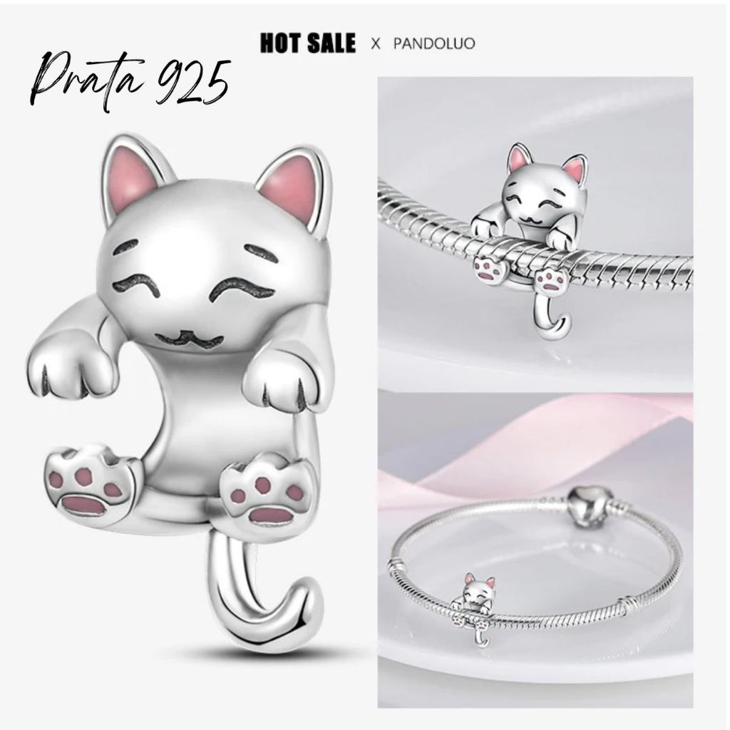 Berloque Gatinho Prata 925 Original Compatível com Pulseira Vivara e Pandora