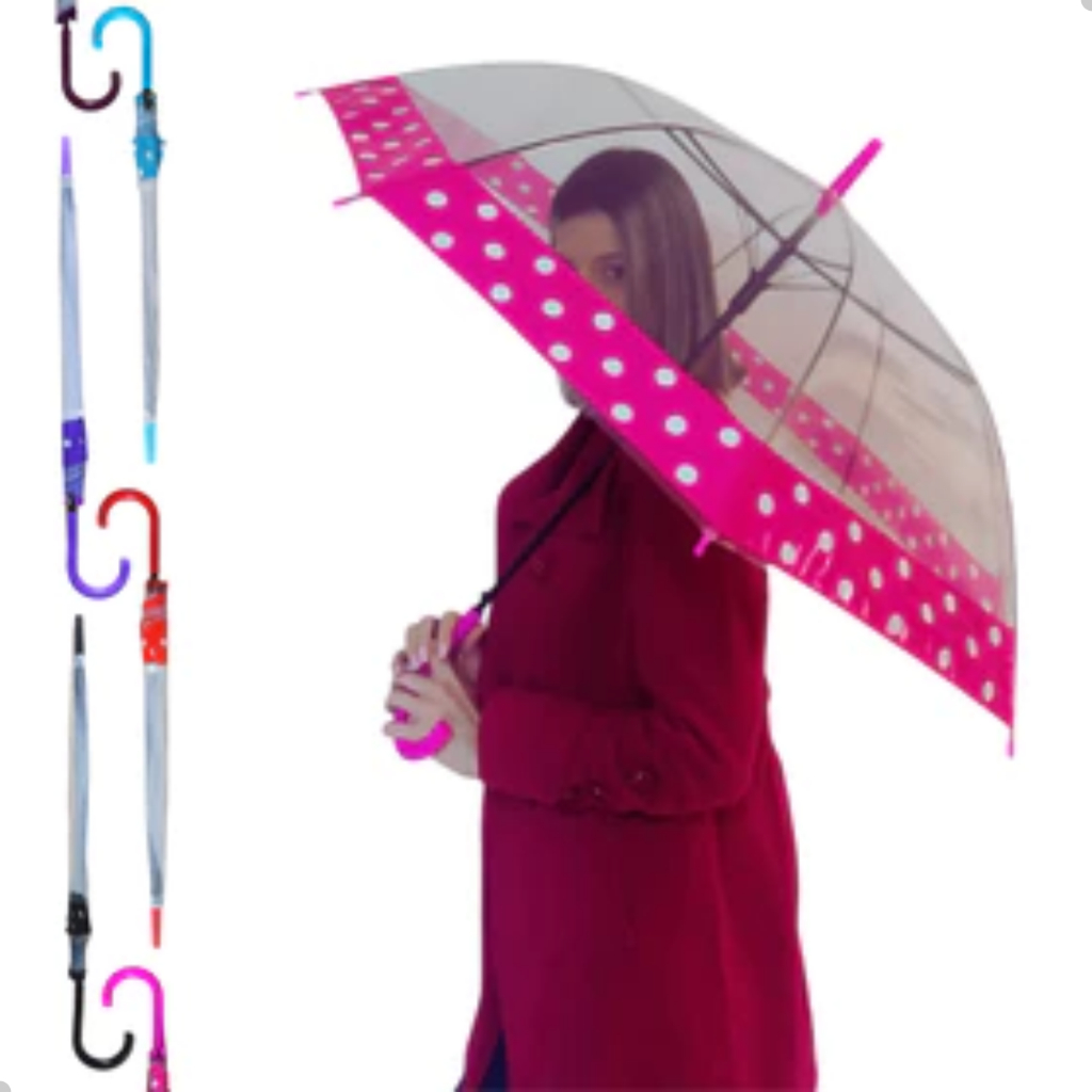 Guarda Chuva Sombrinha Transparente Automático Reforçado com Bolinhas Poa 8 Varetas RD1207