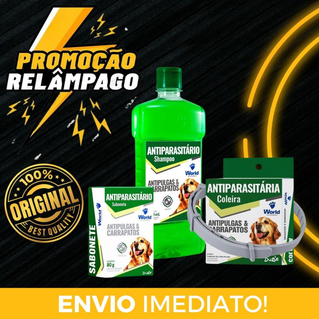 Kit antiparasitários, pulgas, Carrapatos Shampoo, Coleira e Sabonete Dug´s - Envio Imediato