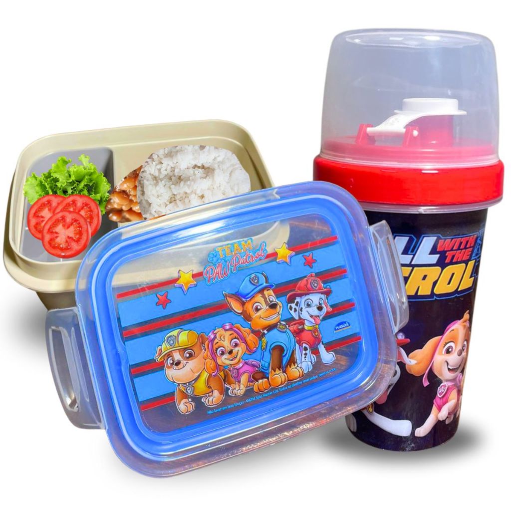 Marmita Patrulha Canina + Shakeira Garrafinha Pote Vasilha Plástica Lancheira Menino Menina Grande Merenda Squeeze Não Vaza Resistente Escola Desenho Infantil