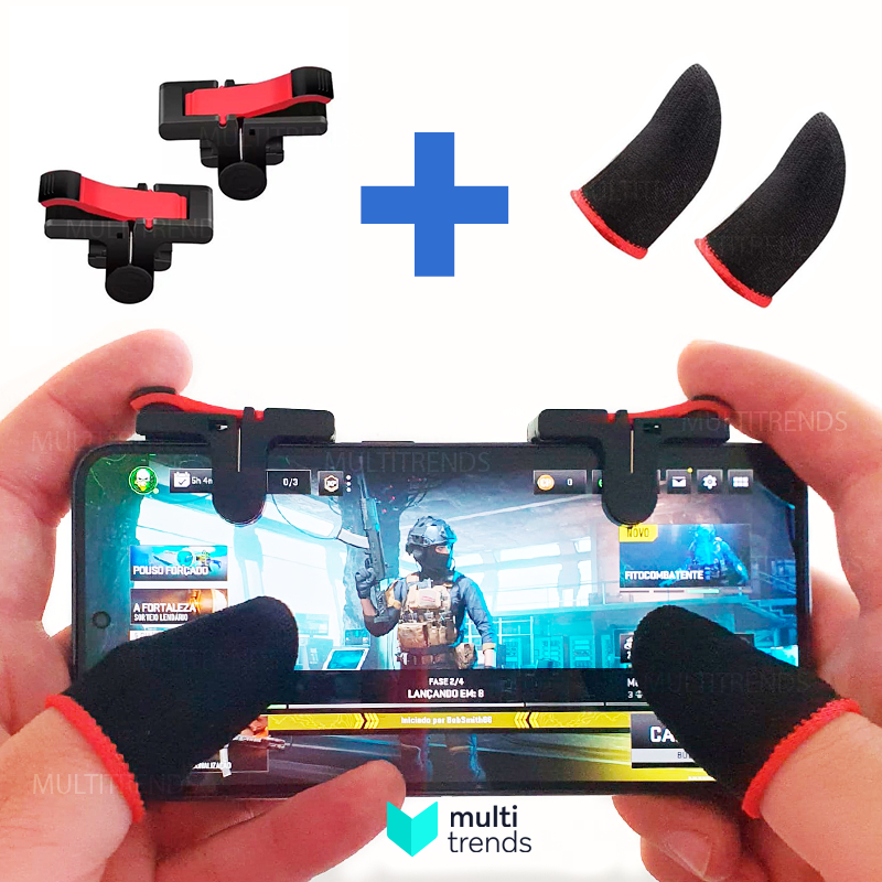 Kit Gatilho e Luva de Dedo Gamer para Celular, Gamepad L1 R1, Gatilho PUBG, Call Of Duty, Fortnite e Free Fire