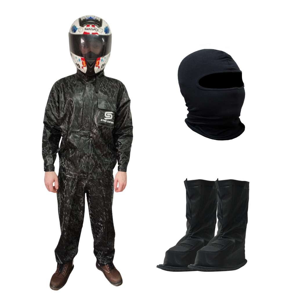 Conjunto Capa De Chuva Camuflado Em Pvc + Polaina Galocha + Touca Ninja - Moto Motoboy