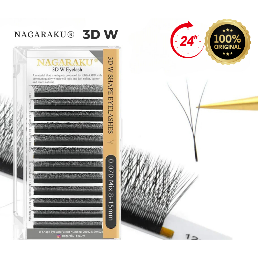 Cílios Nagaraku Fio Egípcio 3D W  Mix e Unitário Curvatura D 0,07 extensão 8mm Até 15mm 3 cilio