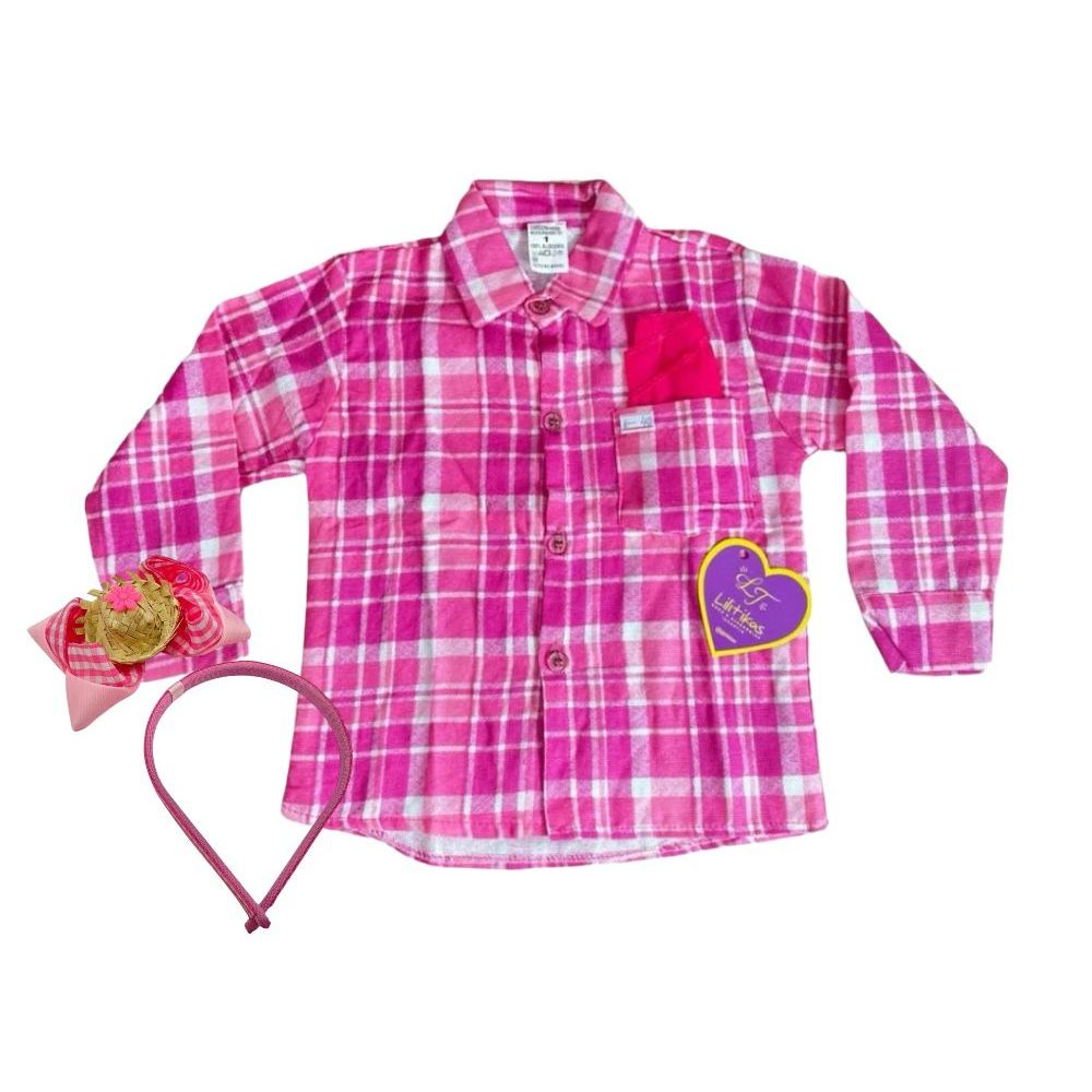 Kit Festa Junina Infantil Bebê Menina Camisa Manga Longa Xadrez E Tiara Mini Chapéu Roupa Caipira Arraial São João