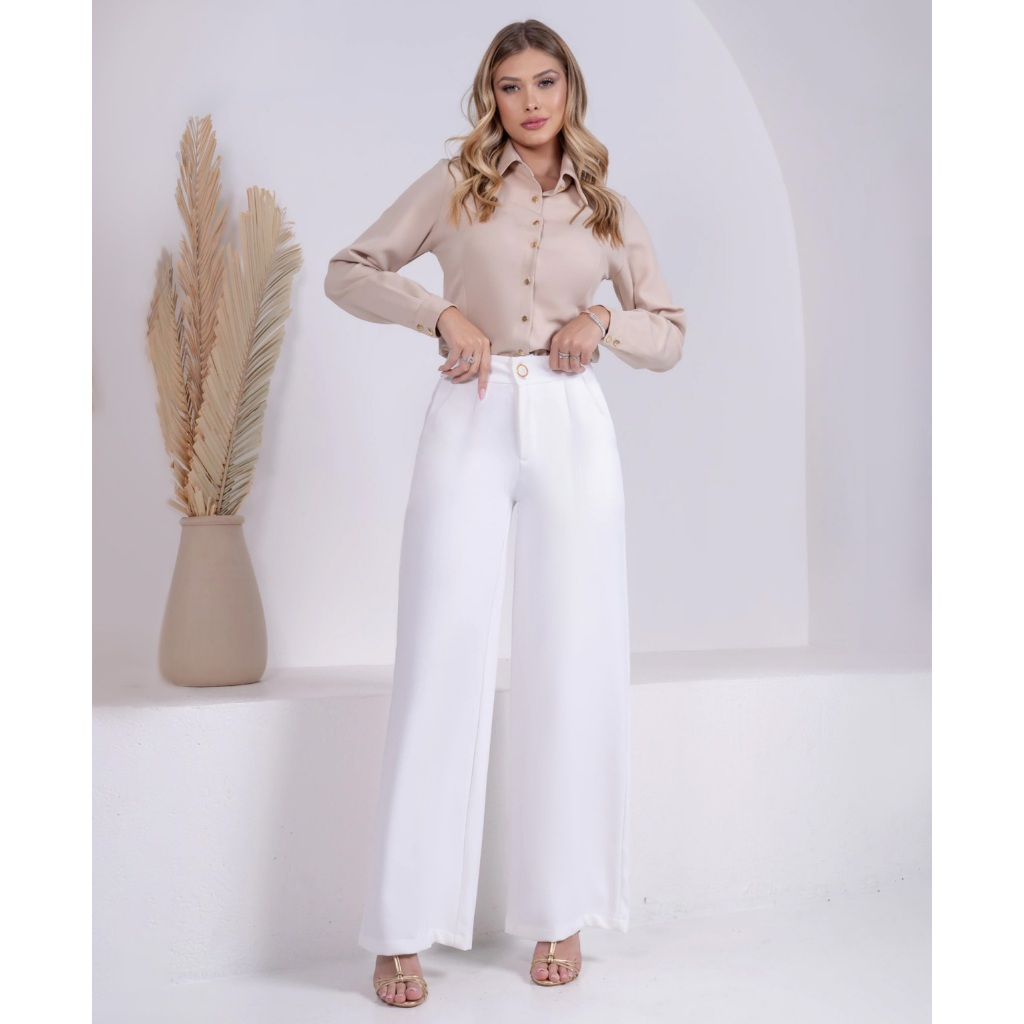 Calças Pantalona Feminina Social Tecido Alfaiataria Premium Forrada Botão Bolso Cintura Alta Plus em Oferta na Shopee